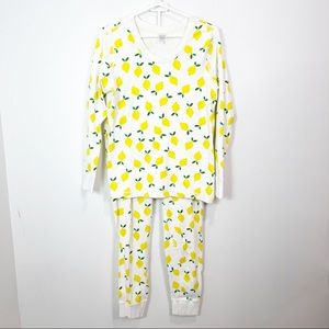 Hanna Andersson Womens Long John Pajama Set White Yellow Lemon Size Large